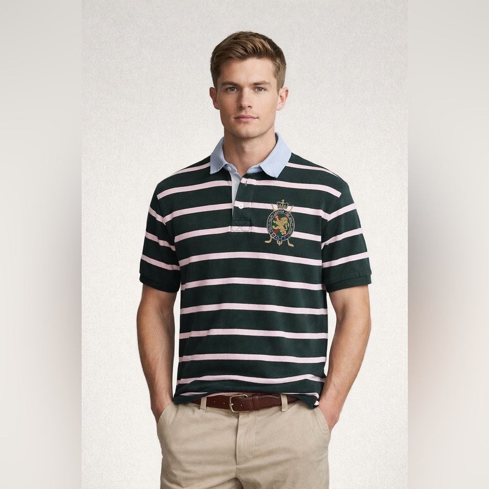 Polo Ralph Lauren Crest Striped Rugby Polo Green Pink Embroidered Logo Shirt - Picture 9 of 9